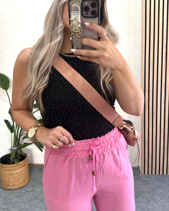 PANTOLONŞeker Pembe Yüksek bel Lastikli önden ip bağlamalı pamuklu pantolon