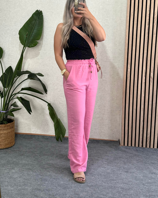 PANTOLONŞeker Pembe Yüksek bel Lastikli önden ip bağlamalı pamuklu pantolon
