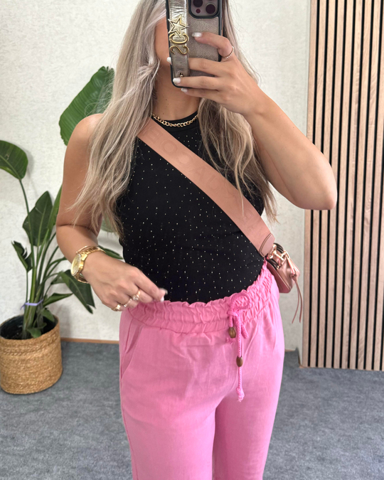 PANTOLONŞeker Pembe Yüksek bel Lastikli önden ip bağlamalı pamuklu pantolon