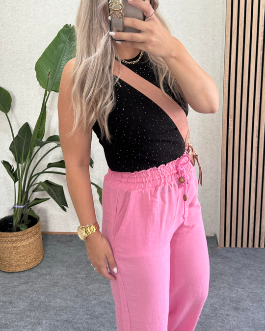 PANTOLONŞeker Pembe Yüksek bel Lastikli önden ip bağlamalı pamuklu pantolon