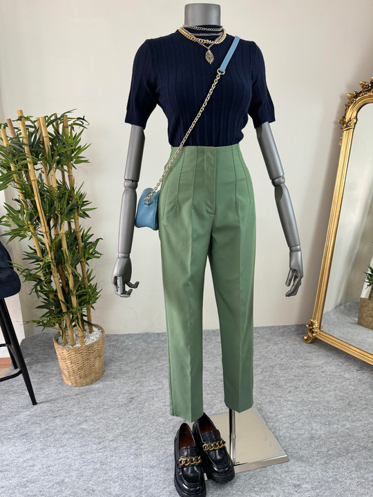 Pens detaylı koyu yeşil kumaş pantalon