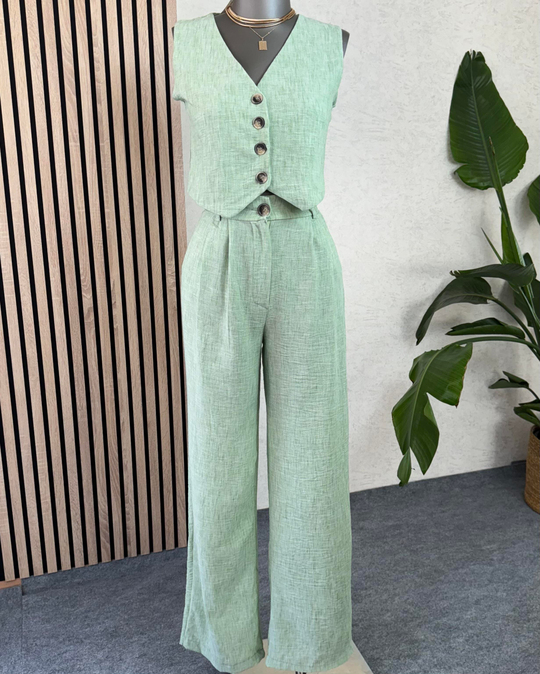 TAKIMFıstık yeşili keten yelek-pantolon takımı