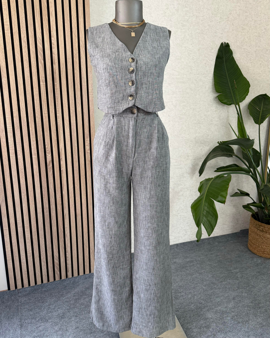 TAKIMFüme keten yelek-pantolon takımı