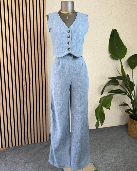TAKIMMavi keten yelek-pantolon takımı