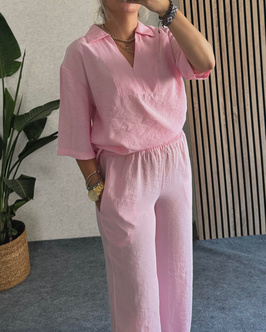 TAKIMV yaka pembe beli lastikli alt-üst takım