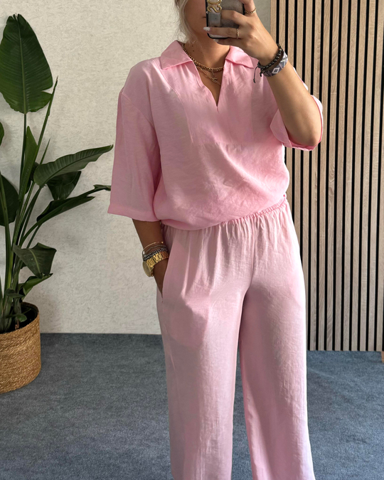 TAKIMV yaka pembe beli lastikli alt-üst takım