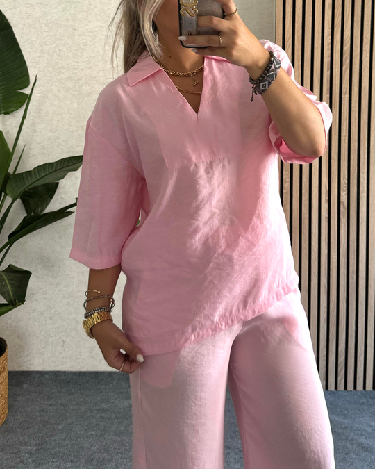TAKIMV yaka pembe beli lastikli alt-üst takım
