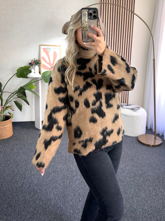 TRİKO/KAZAKDİK YAKA LEOPAR TABA KAZAK