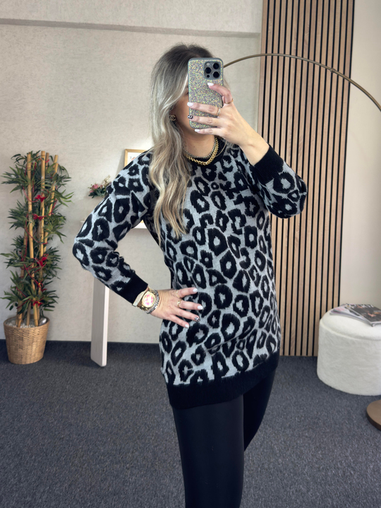TRİKO/KAZAKGRİ LEOPAR TUNİK KAZAK