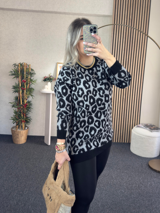 TRİKO/KAZAKGRİ LEOPAR TUNİK KAZAK