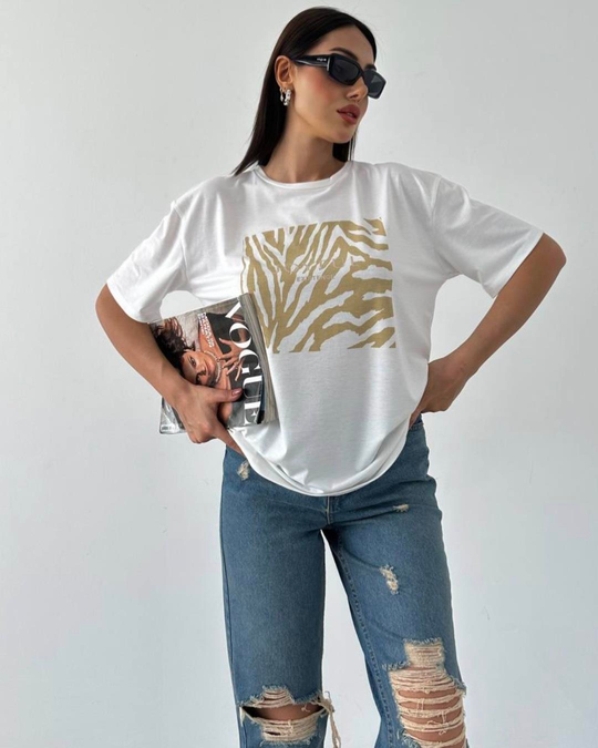 TSHİRTAltın zebra motifli pamuklu tshirt
