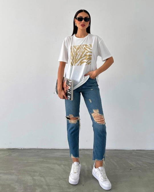 TSHİRTAltın zebra motifli pamuklu tshirt