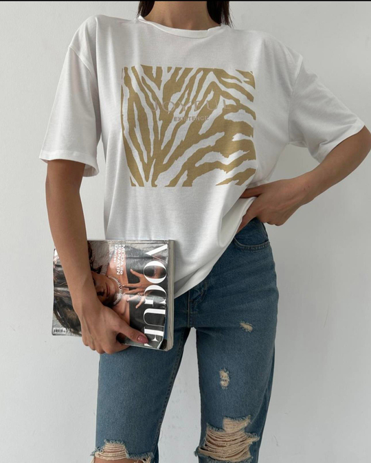 TSHİRTAltın zebra motifli pamuklu tshirt
