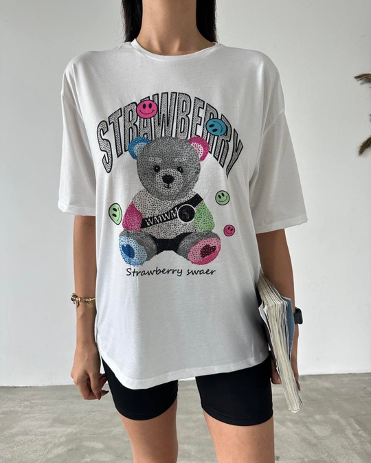 TSHİRTPamuklu taş detaylı ayıcıklı tshirt