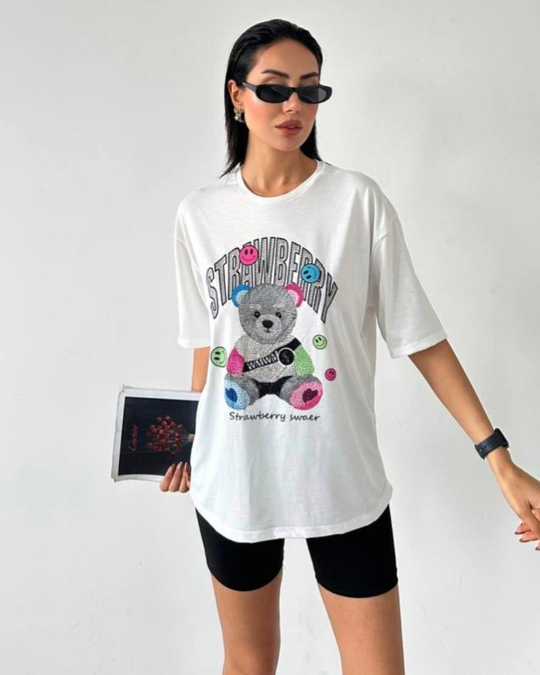 TSHİRTPamuklu taş detaylı ayıcıklı tshirt
