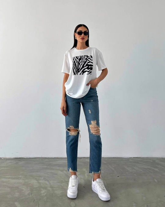 TSHİRTSiyah zebra motifli pamuklu tshirt