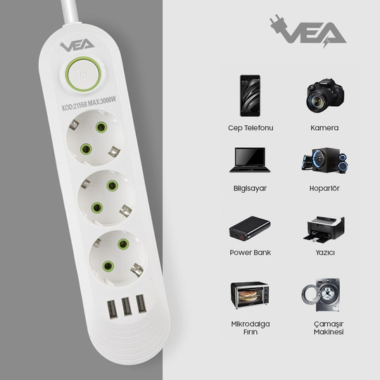 Vea VA-21558 3'lü 3 USB'li 1.5 Metre Akım Korumalı Priz Beyaz
