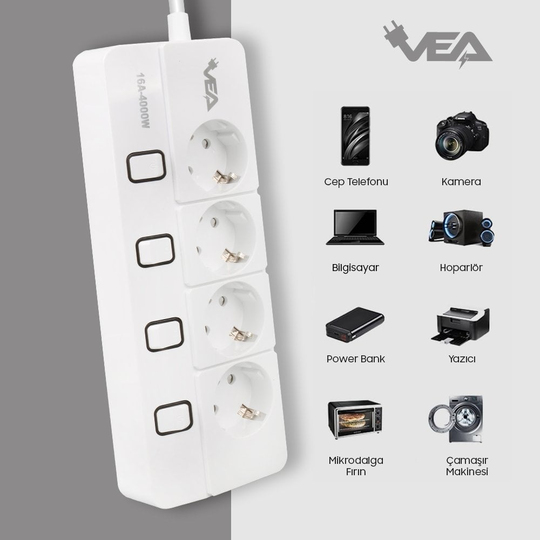 Vea VE-XMAN104 A Class 4'lü Ayrı Anahtarlı 1.5 Metre Grup Priz