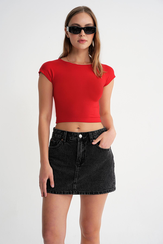 2009 Kadın Vücuda Oturan Basic Crop T-Shirt Kırmızı