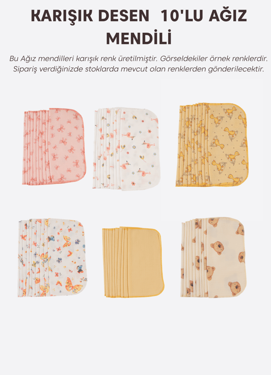 Organik Müslin 10lu Ağız Mendili-Asorti Desen