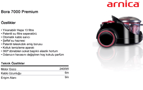 Arnica Bora 7000 Premium 2400W Su Filtreli Elektrik Süpürgesi