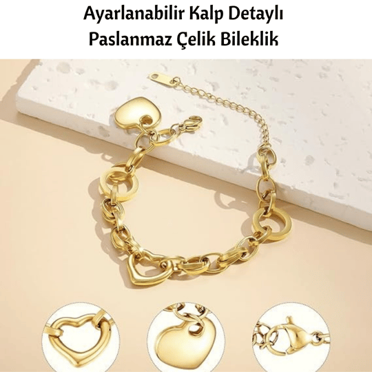 Ayarlanabilir Kalp Detaylı Paslanmaz Çelik Bileklik – Sevgi Dolu Bir Hediye