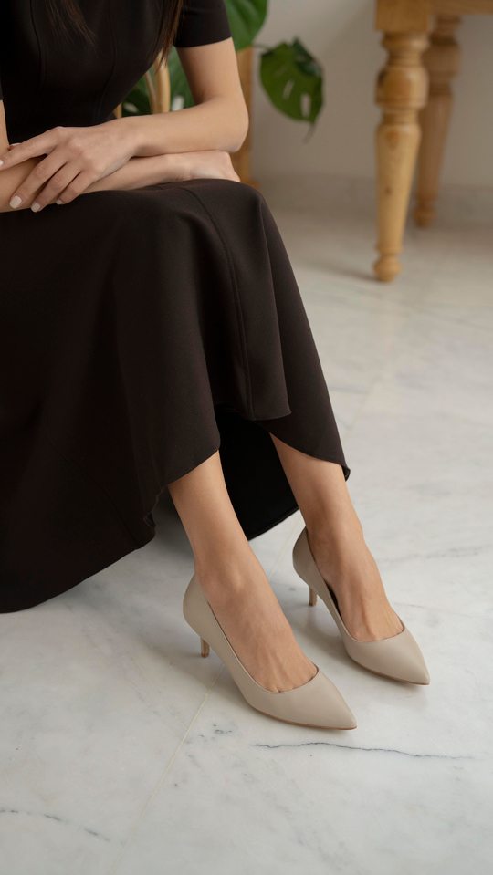 Nell Bej Deri Hakiki Deri Kadın Stiletto