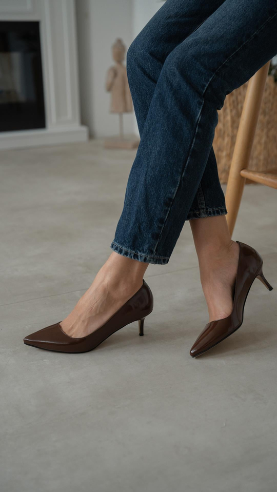 Nell Kahve Rugan Hakiki Deri Kadın Stiletto