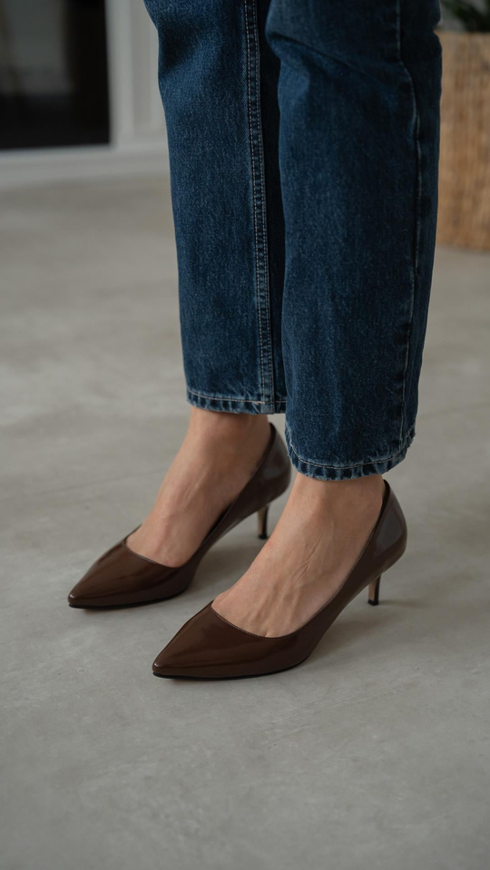 Nell Kahve Rugan Hakiki Deri Kadın Stiletto