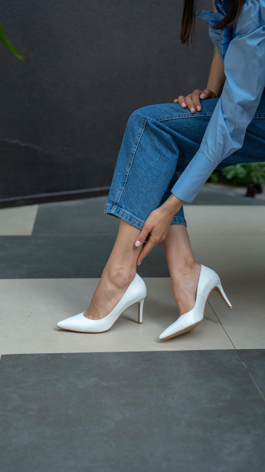 Pael Beyaz Deri Hakiki Deri Kadın Stiletto