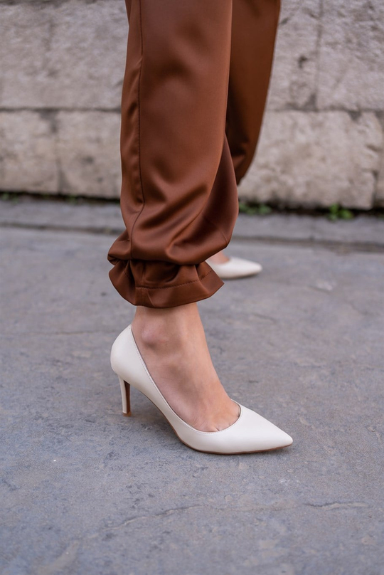 Pael Ekru Deri Hakiki Deri Kadın Stiletto