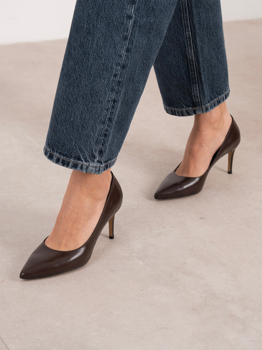 Paprica Kahve Deri Hakiki Deri Kadın Stiletto
