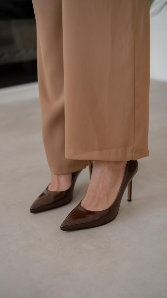 Ping Kahve Rugan Hakiki Deri Kadın Stiletto