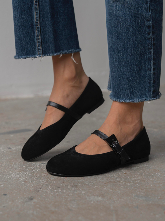 Rinda Siyah Süet Hakiki Deri Kadın Babet