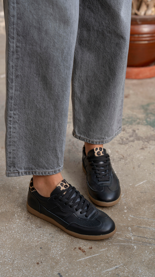 Solomon Siyah-Leopar   Hakiki Deri Kadın   Spor Ayakkabı