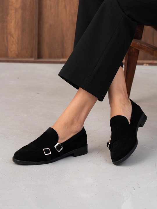 Vely Siyah Süet Hakiki Deri Kadın Makosen