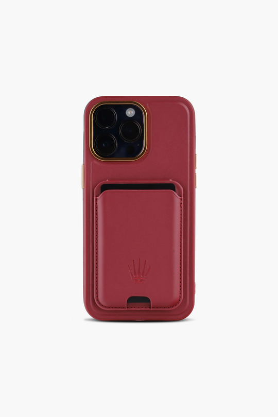 Standlı Gold Detaylı iPhone 15 Pro Max Bordo Deri Telefon Kılıfı