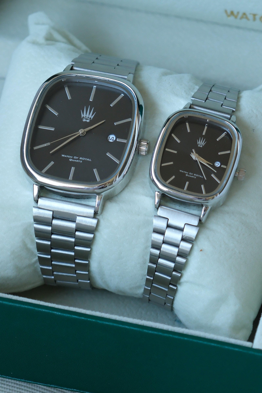 2li Set Çift Saati Classic Time Silver Black Kol Saati