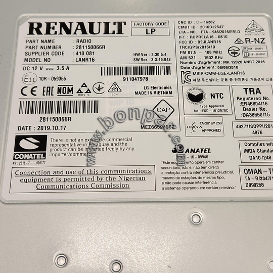  281150066R Renault Megane 4, Talisman, Koleos 2 Multimedya Radyo Beyni LANR16 (rps6285) 281156465R, 281156280R, 281154338R, 281154385R, 281154889R