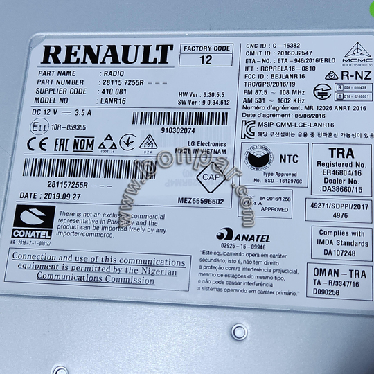 281157255R Renault Orijinal Radyo Beyni LANR16 (rps6284) 281156280R, 281154338R