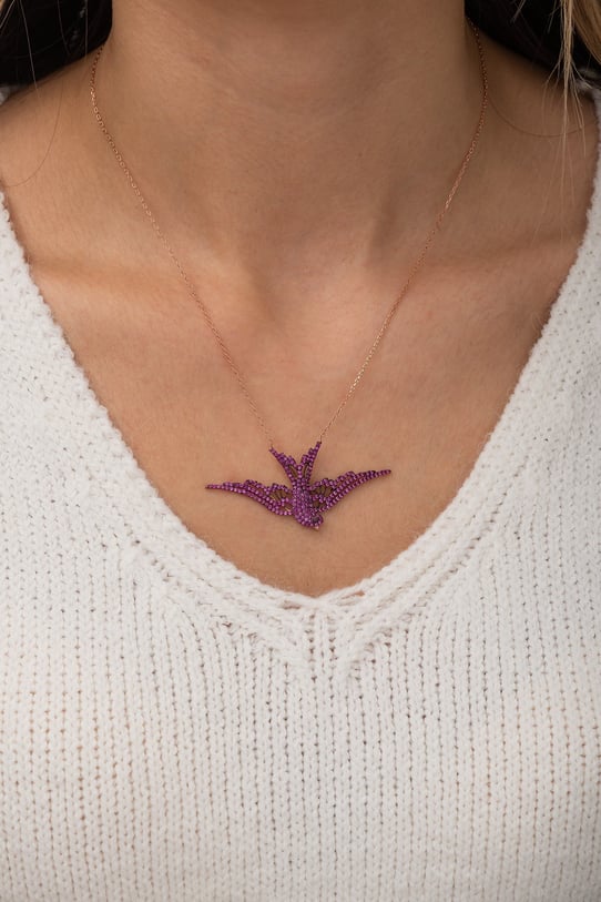 925 Ayar Pembe Taşlı Anka Kuşu Kolye Kadın Gümüş Kolye