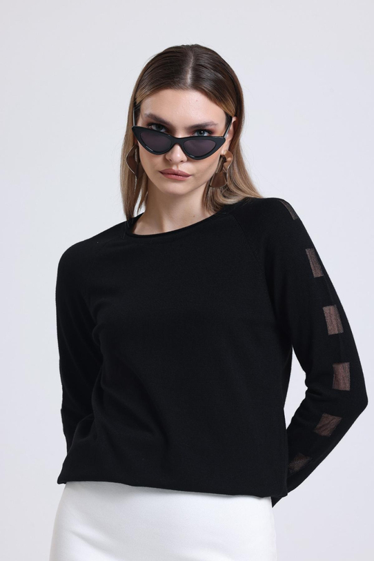 Wholesale Women Black Glitter Garnished Crew Neck Knit Blouse