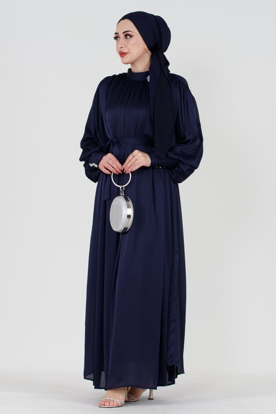 Navy Modest Evening Gown with Detailed Cape and Pearl Sleeves