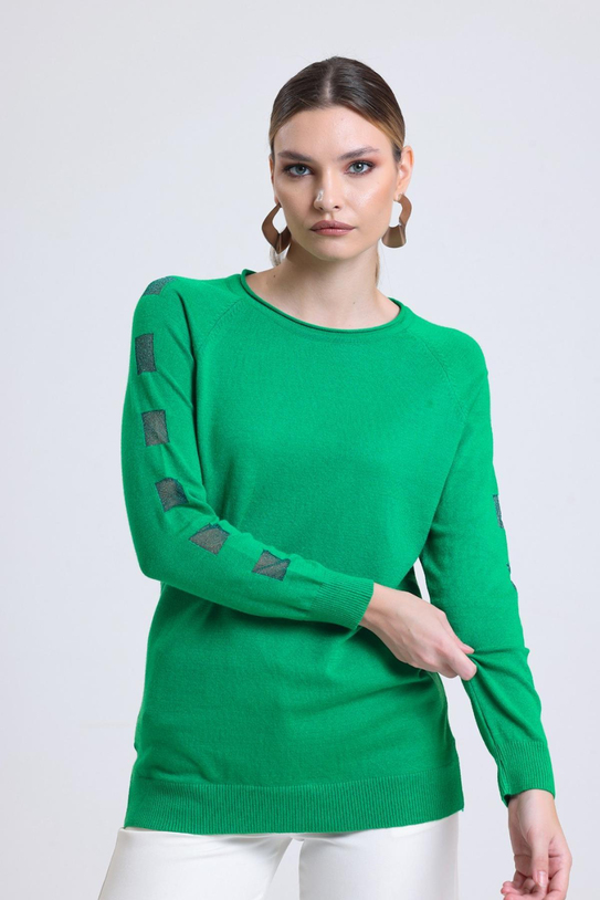 Wholesale Women Green Glitter Garnished Crew Neck Knit Blouse