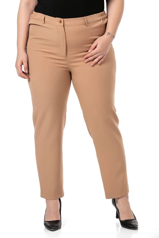 Plus Size BeigeTrousers with Elastic Waist Sides Zippered Leg Slits