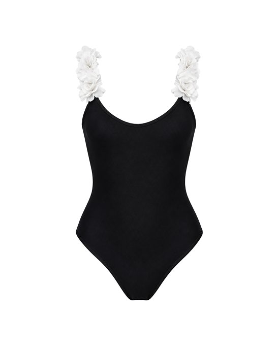After Party Black Swimsuit With White Chiffon Flowers Straps
