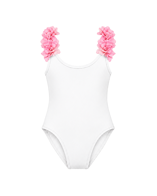 After Party White Kids Swimsuit With Pink Chiffon Flowers Straps