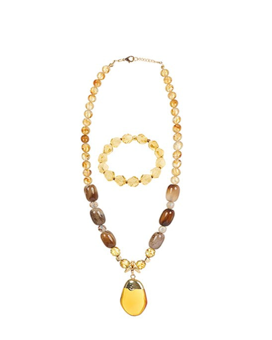 Agate Citrine Eye Necklace & Bracelet Set with Opal Stone