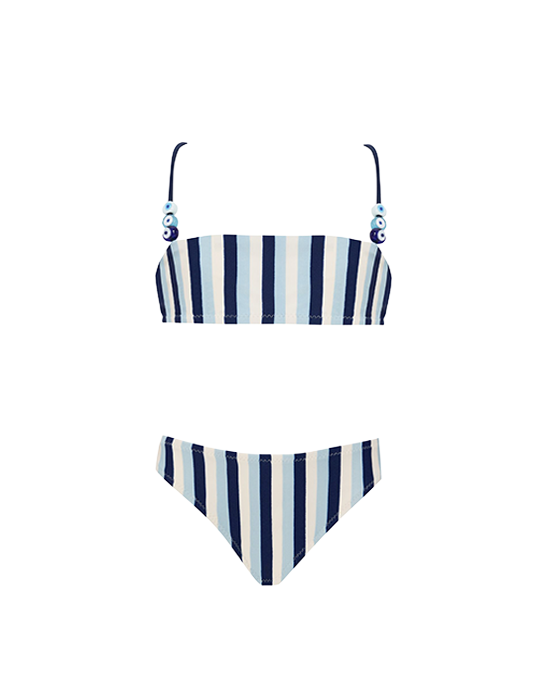Alya Blue Stripe Kids Bikini With Evil Eye Glass Beads Accessory