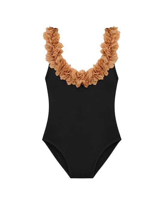 Juliet Black Kids Swimsuit With Gold Chiffon Flowers Details